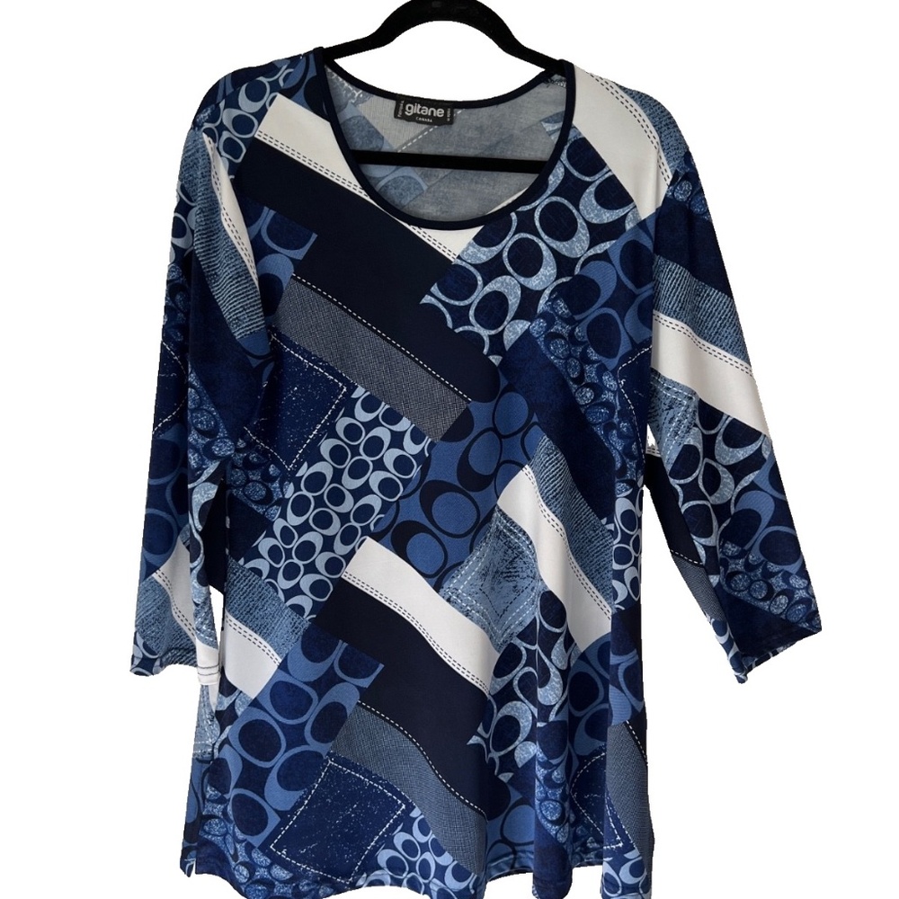 Gitane Women's Navy Blue and White Geometric Print  3/4 Sleeve Tunic Large